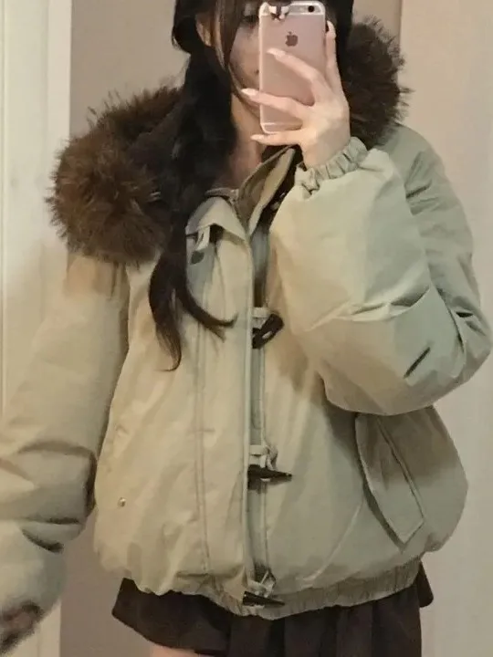 

Winter Thiened Chic Design Sense Large Fur Collar Cotton Coat Women's Long Sve Hooded Jaet Warm Sli Outerwear