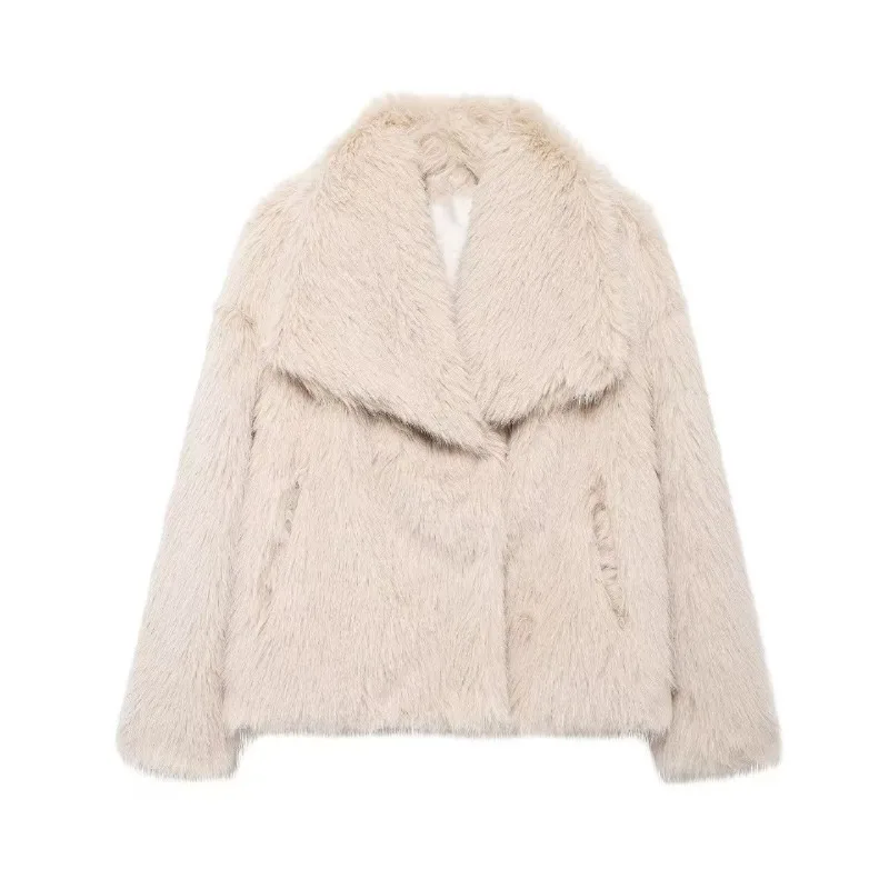 Women's Oversized Faux Fur Jacket with Wide Lapel Collar Fluffy Short Coat Winter Warm Outerwear Elegant New Design