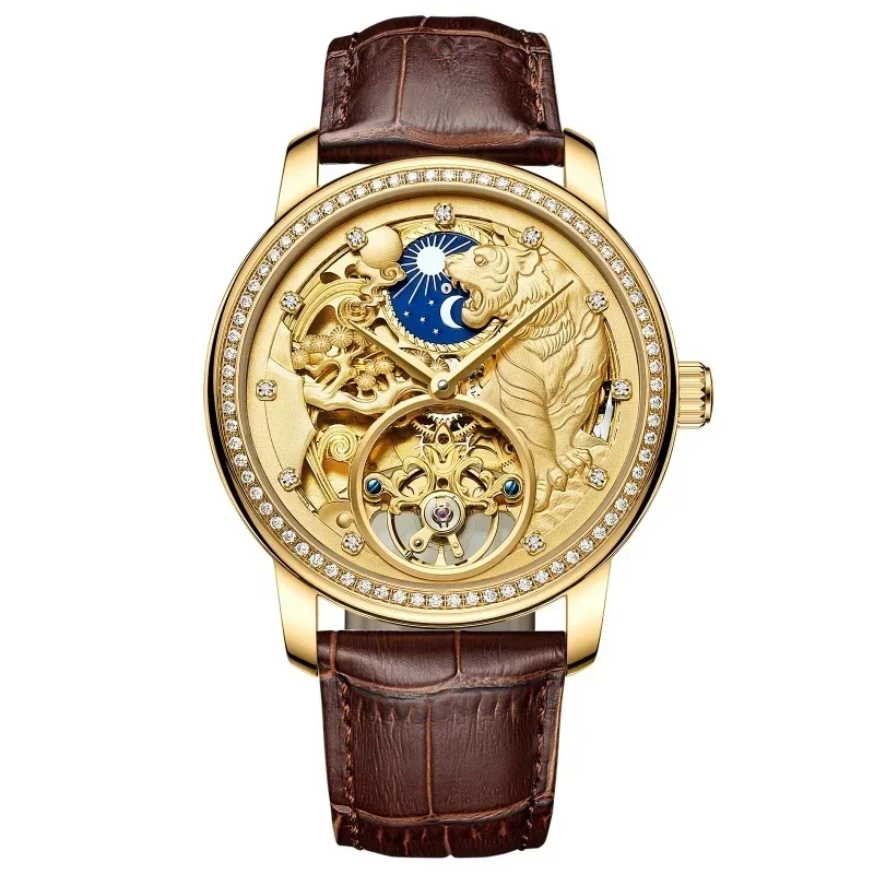 AILANG AL-8313 Men's Luxury Automatic Mechanical Watch 3D Embossed Tiger Skeleton Dial Moon Phase Date Display Wristwatch