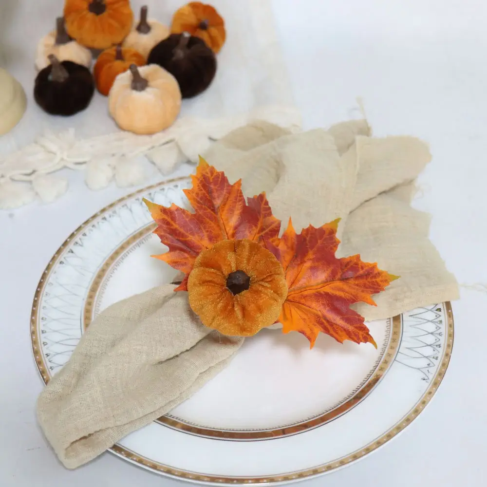 Fashionable Velvet Pumpkin Napkin Holders Maple Leaf Design For Thanksgiving Holiday Tableware Wedding Banquet Decoration