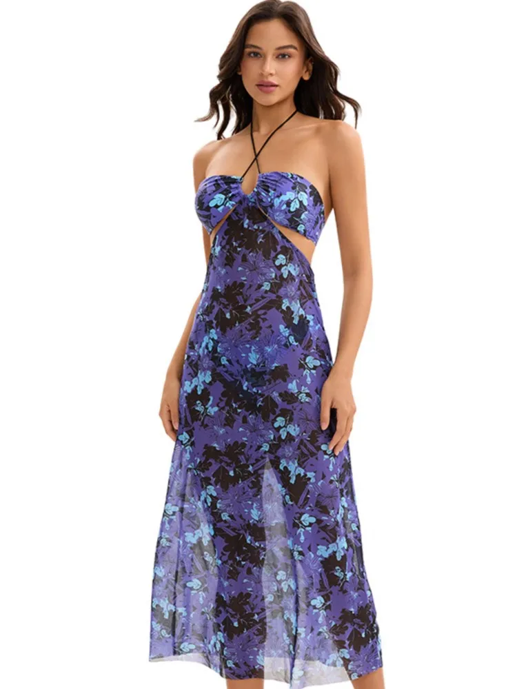 Sexy Strandkleider für Damen, 2025, Bademode, Boho-Bikini, Vertuschung, Kimono, ärmelloses Robe-Kleid, Blumendruck, langes Maxikleid