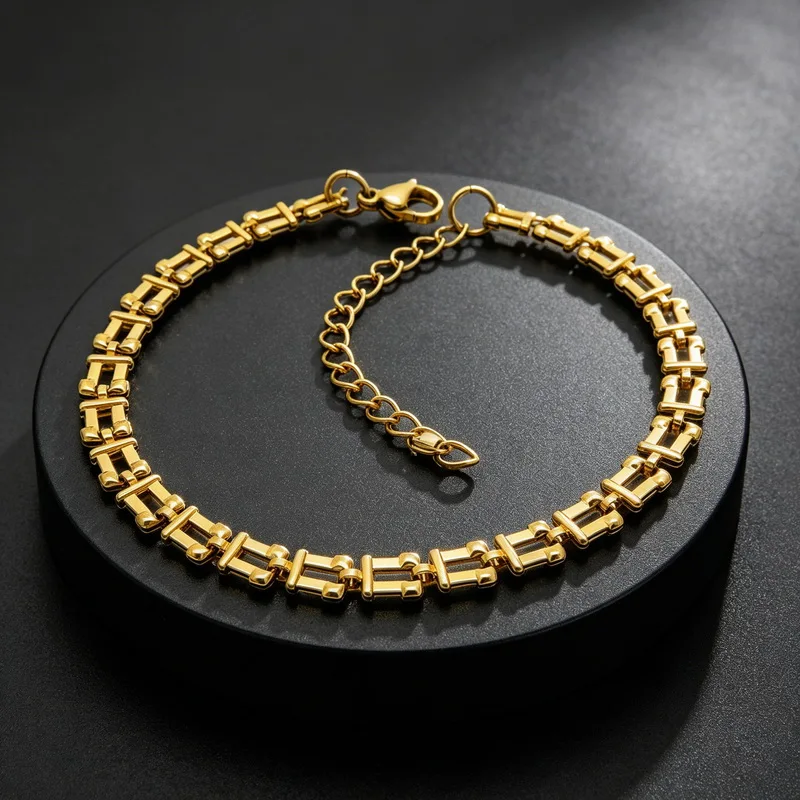 18K Gold Stainless Steel Box Link Bracelet Adjustable Chain Wrist Rectangular Link Unisex Fashion Jewelry Gift