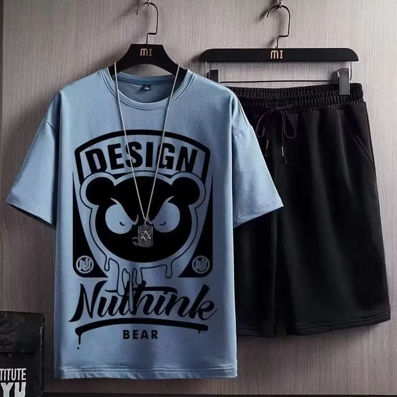 Summer Short Men Suits Sports Men's Sets 100% Cotton Cartoon T-shirt Shorts  High Quality Trend Printed Tracksuit Men Clothing