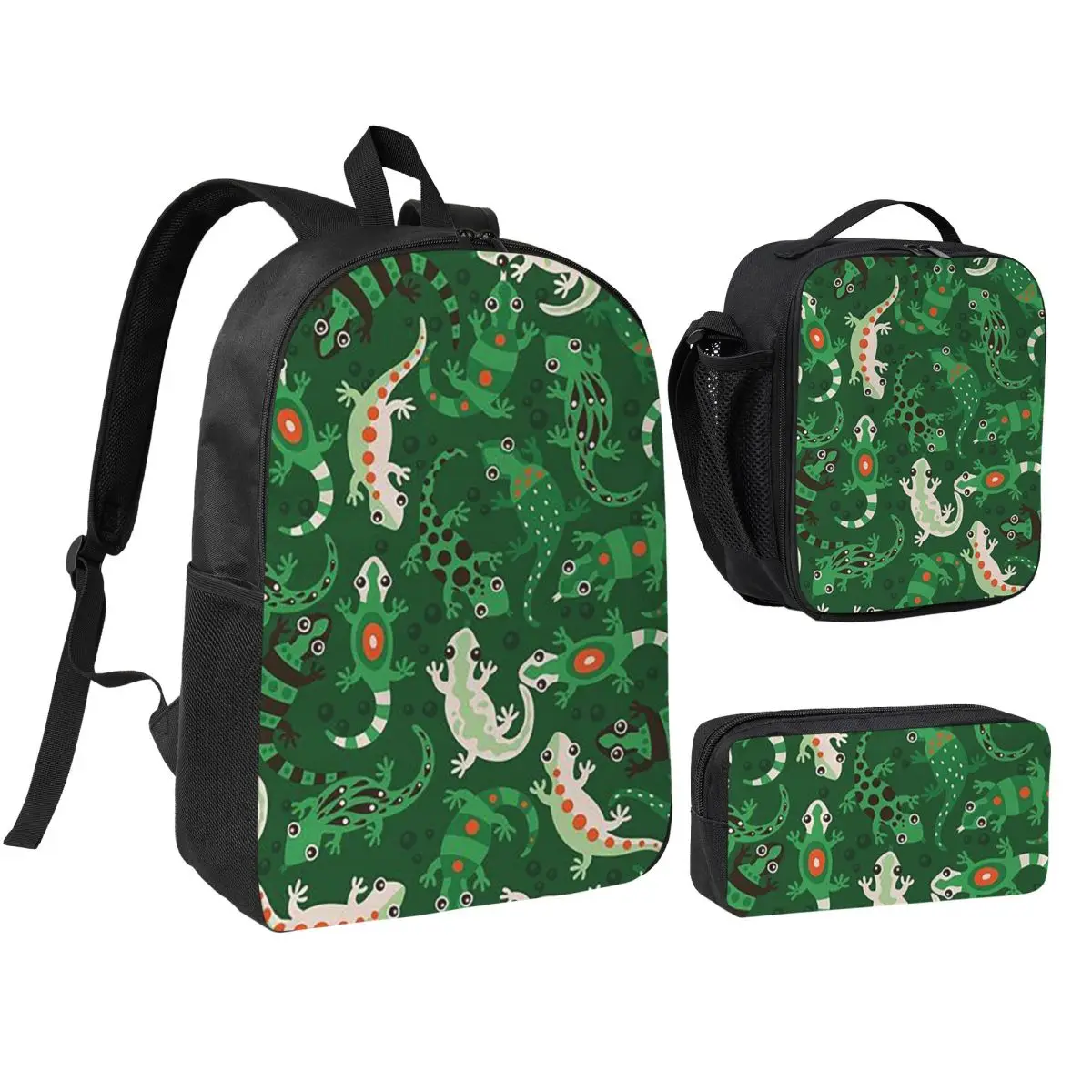 Cartoon Reptile Pattern Backpack Student BookBag School Bag Shoulder Bags 3ps Insulated Lunch Bag Pencil Case