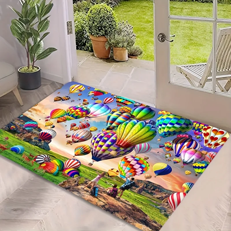1pc 2D Flat Colorful Hot Air Balloons Landscape Flannel Area Rug Non Slip Travel Theme Carpet For Living Room Floor