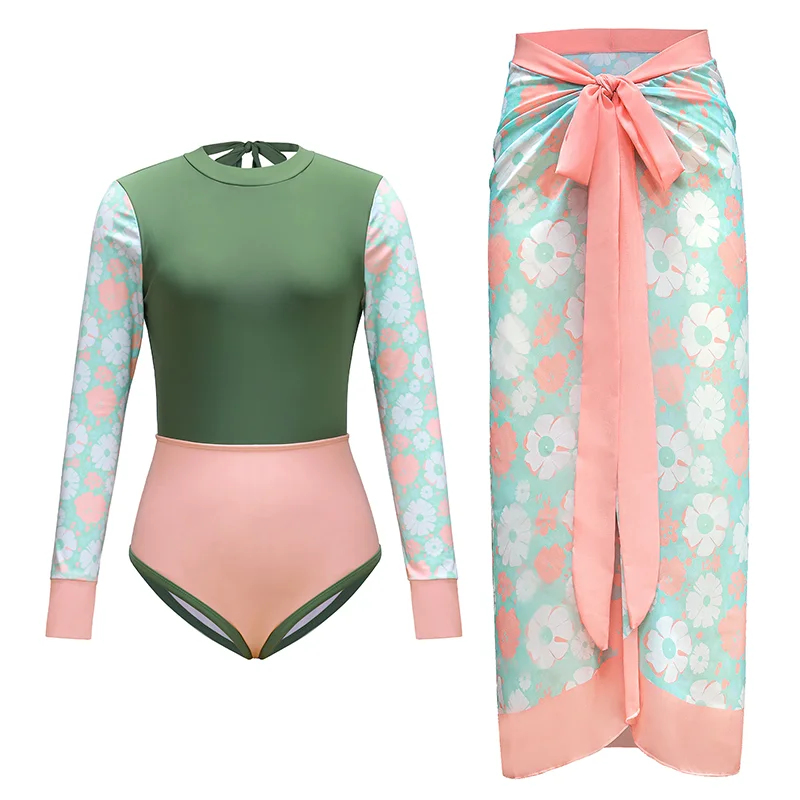 Sexy Swimwear Women Long Sleeve Swimsuit With Cover Up Patchwork Swim Suit Surf Bathingsuit Backless Sliming Bodysuit Beachwear