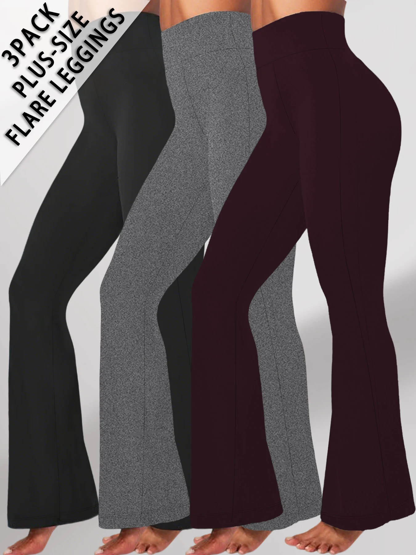 

3 pack Plus Size Women's Super Soft High Waisted Flare Pants, Leggings Tummy Control Soft Bootleg Bell Bottoms Running