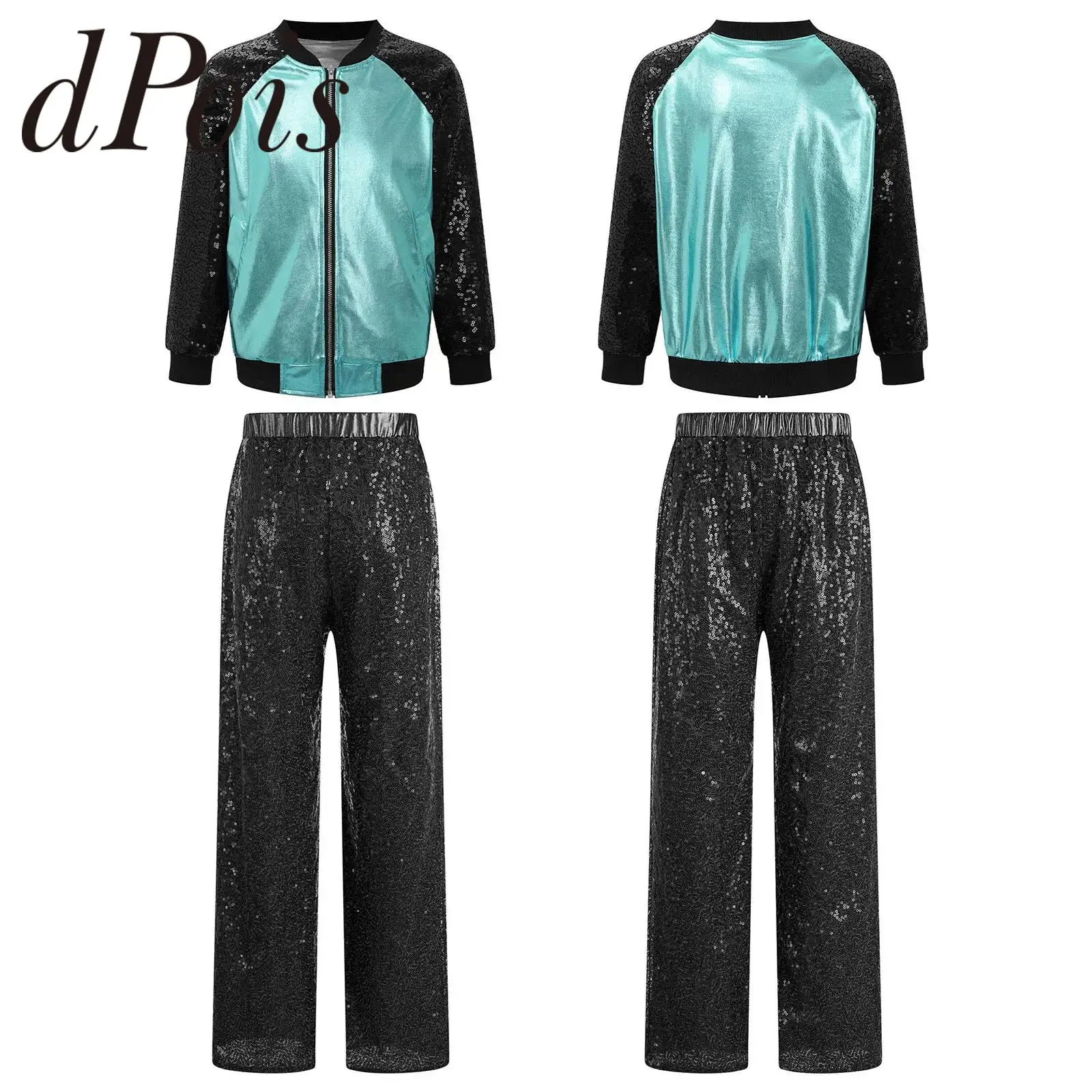 

Kids Girls Sequin Jazz Dance Costume Hip Hop Outfit Metallic Jacket Pants Teen Fashion Children Streetdance Party Dancewear Sets