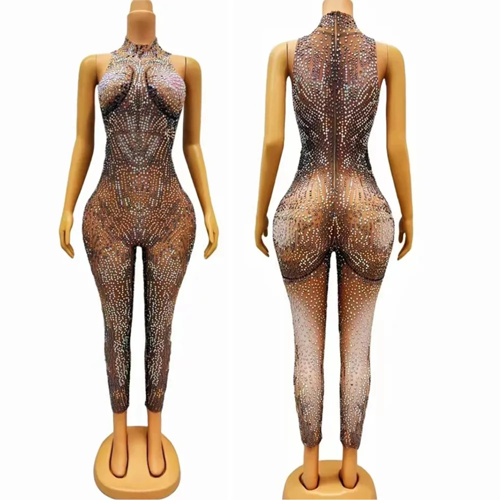 Sparkly Rhinestones Printed Jumpsuit Women Evening Party Birthday Outfit Nightclub Bar Singer Sexy Performance Stage Costume