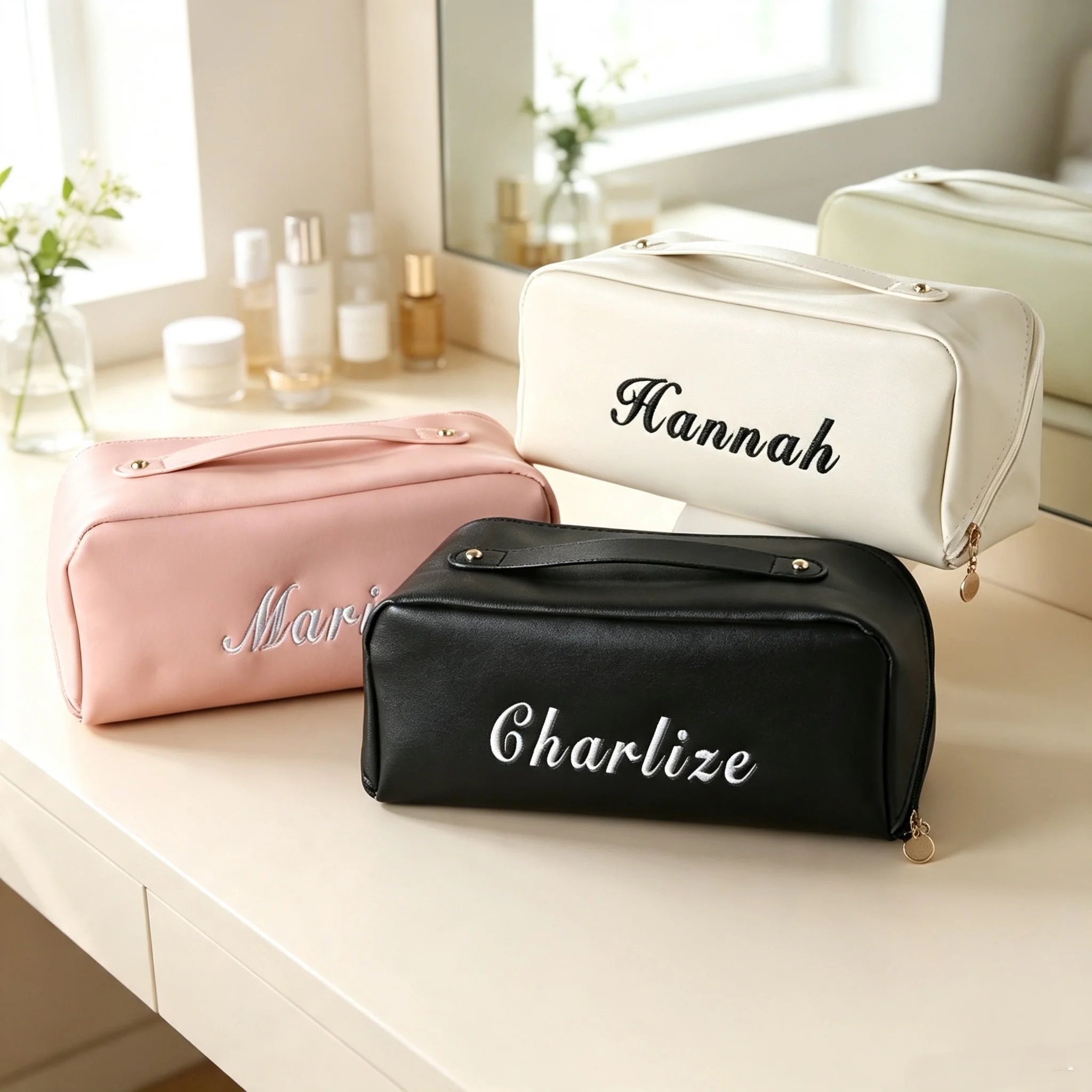 名前刺繍入りパーソナライズドレザーメイクアップバッグ、大容量 - Personalized Name Box のレビューと価格