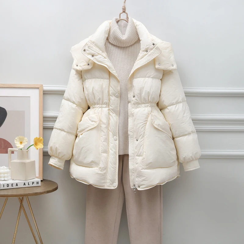 

Casual Draw String Thick Down Jacket Women Mid-length New Hooded White Duck Down Coat Warm Winter Korean Version Tide Winter