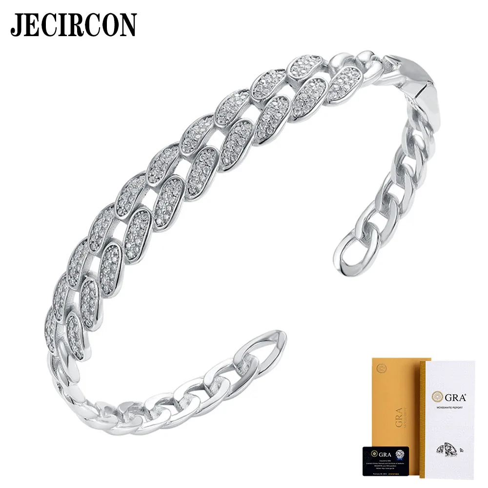 JECIRCON Women Moissanite Bangle 925 Sterling Silver Cuban Chain Opening Full Diamond Versatile Luxury High-end Silver Jewelry