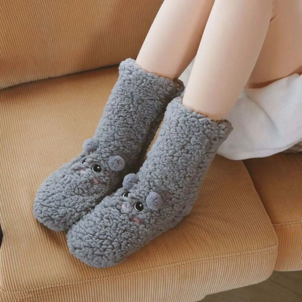 

Cute Embroidery Thick Thermal Socks Plush Cartoon Sleeping Socks Anti Slip Mid Tube Fleece Sock Women Indoor