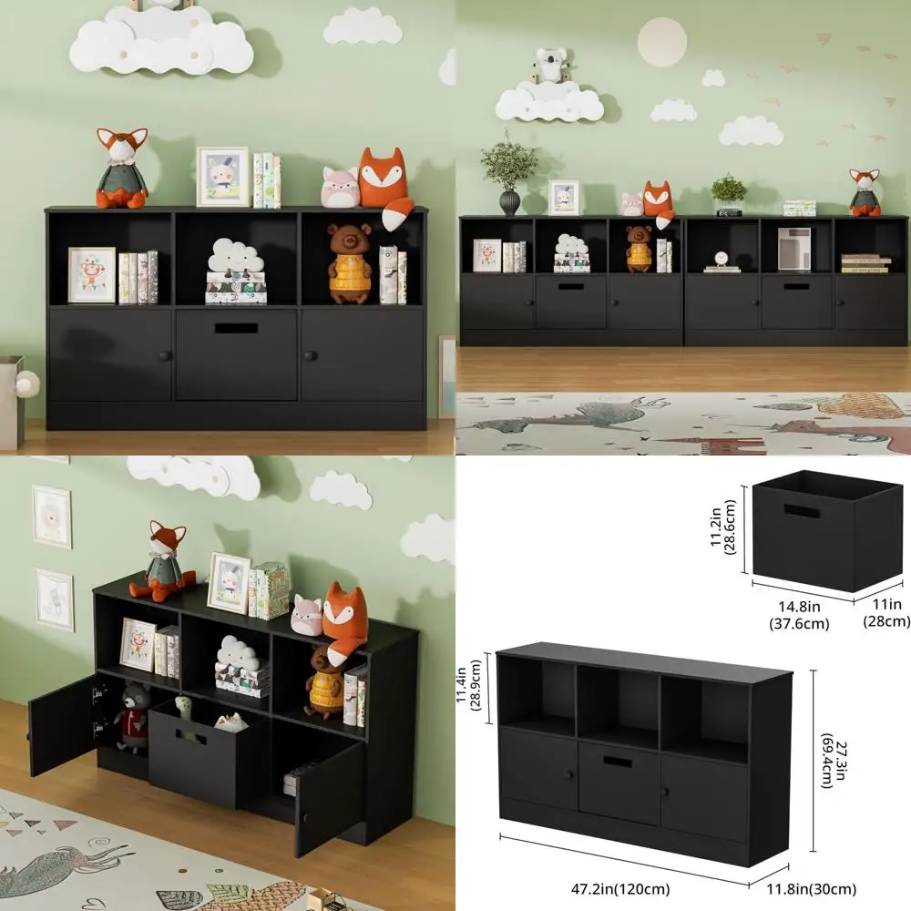 ตู้หนังสือแบบเปิด 2 ชั้น 2 ประตู, ชั้นวางหนังสือไม้ 6 ช่องพร้อมลิ้นชักผ้า, ตู้โชว์แบบตั้งพื้น, สำหรับเด็ก