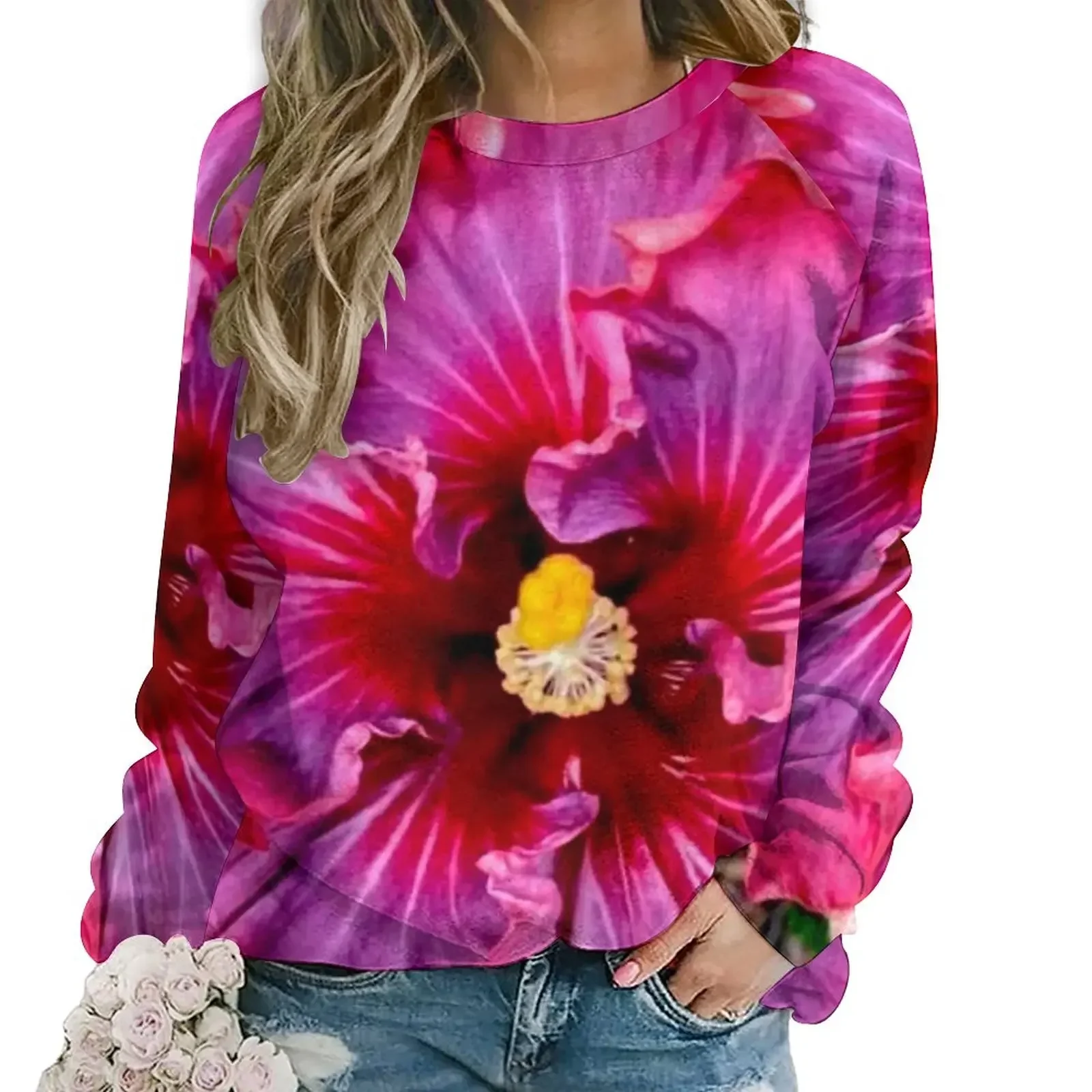 Pink Flower Print Hoodies Autumn Heathers Hibiscus Street Wear Oversize Hoodie Women Long Sleeve Funny Printed Casual Clothing