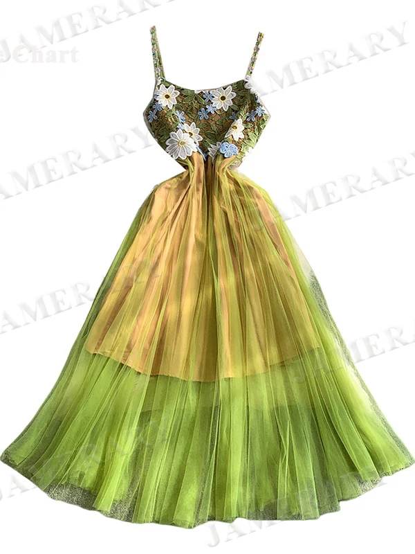 الجنية الأميرة الصيف تول فستان طويل المرأة التطريز فساتين السهرة الرسمية الأخضر ثلاثية الأبعاد زهرة الكروشيه الجوف خارج فساتين الحفلات