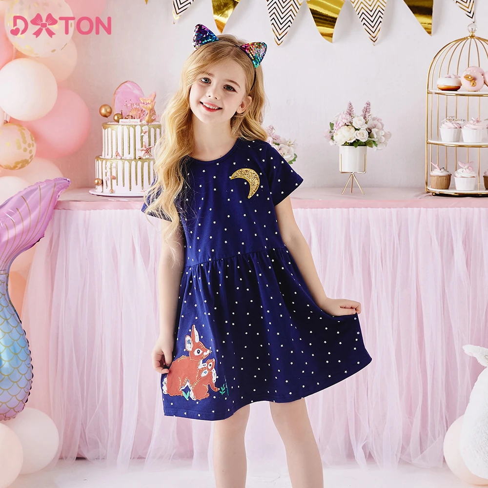 

DXTON Girls Summer Dresses New Cotton Children Dress For Girls Kids Short Sleeve Cartoon School Dot Dress Girls Casual Clothing