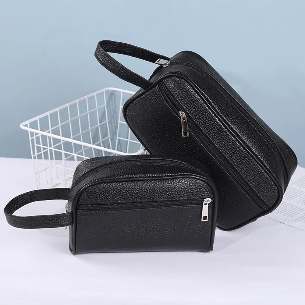 Men Business Travel Bag Vintage Wristlet Bag PU Leather Travel Toiletry Bag Large Capacity Cosmetics Organizer Phone Storage Bag