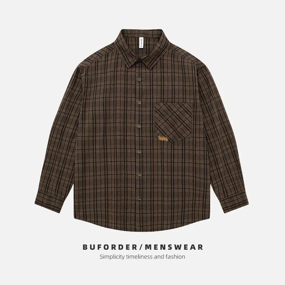 Men's Black Plaid Western Snap Shirt Long Textured Cotton Combed Wear Resistant Long Sleeve Square Collar Open Cardigan