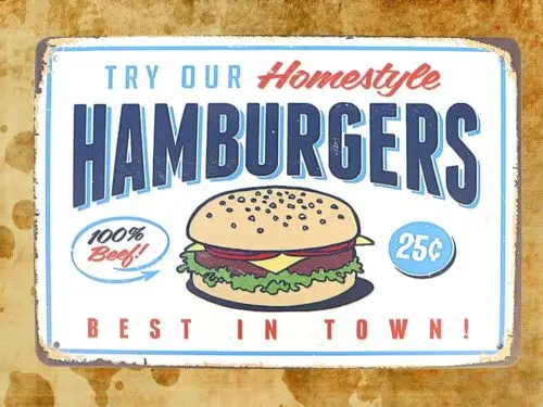 Try our homestyle Hamburgers tin metal sign bedroom interior ideas sign