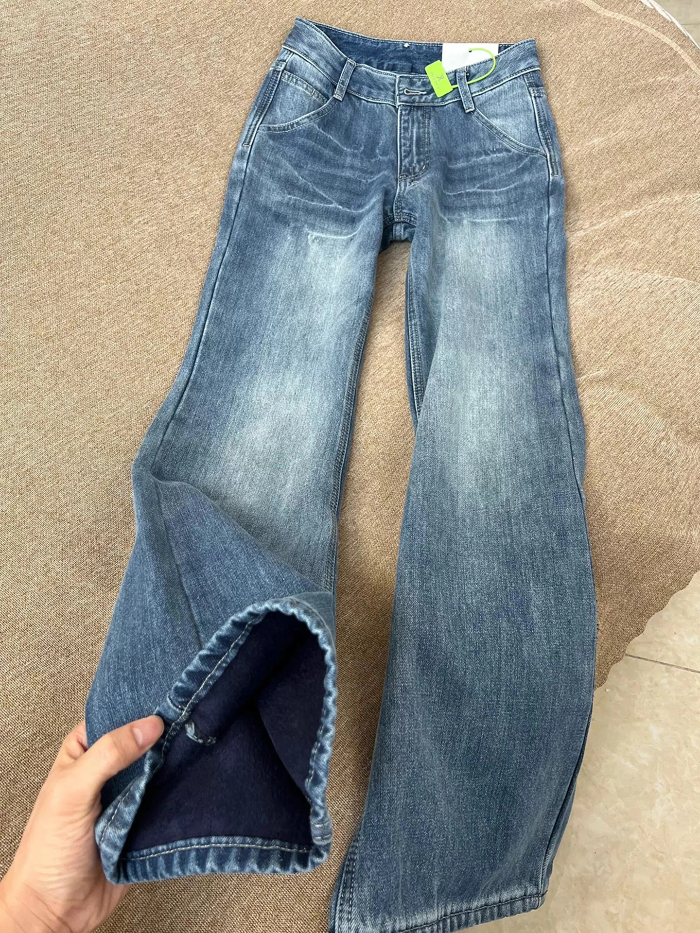 

Retro Blue Fce Lined Lightning Pattern Men's Jeans High Street Straight Leg Slimming Flared Knife Denim Pants