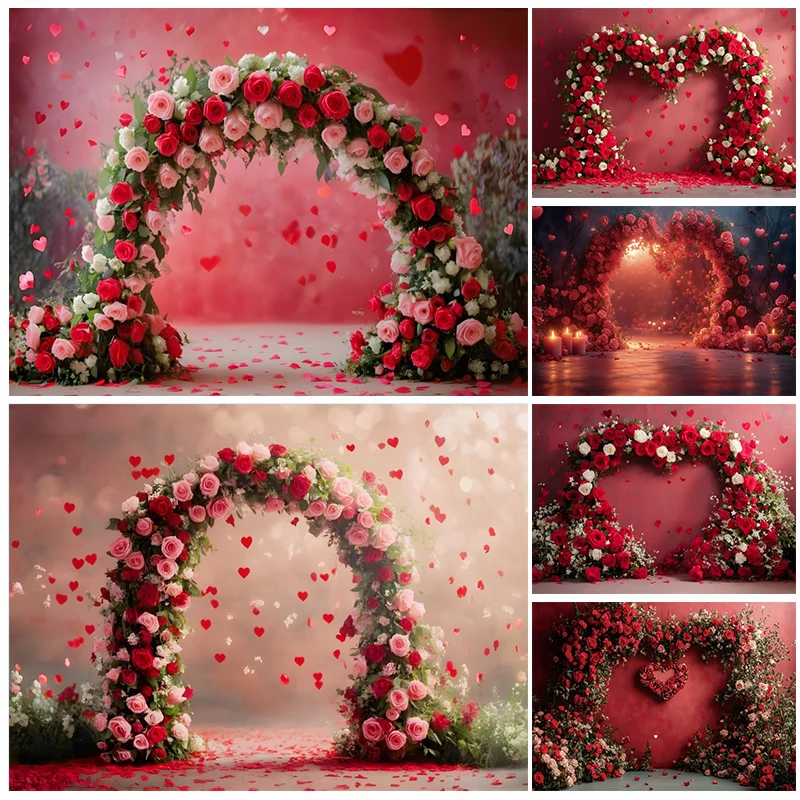 

Valentine's Day Backdrop Red Rose Love Heart Arch Flowers Bridal Shower Wedding Party Photography Background Decor Photo Studio