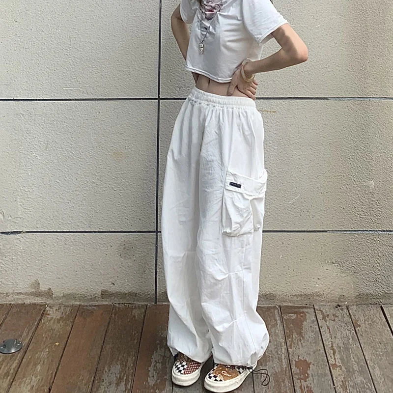 Mulheres calças de carga harajuku cintura alta streetwear calças largas branco preto coreano moda casual bolsos jogger