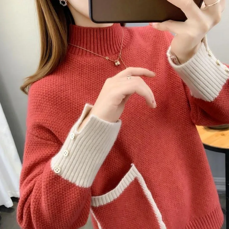 New Autumn and Winter Fashion Thickened Half High Neck Colored Loose and Versatile Western Women\'s Knitted Long Sleeve Sweater