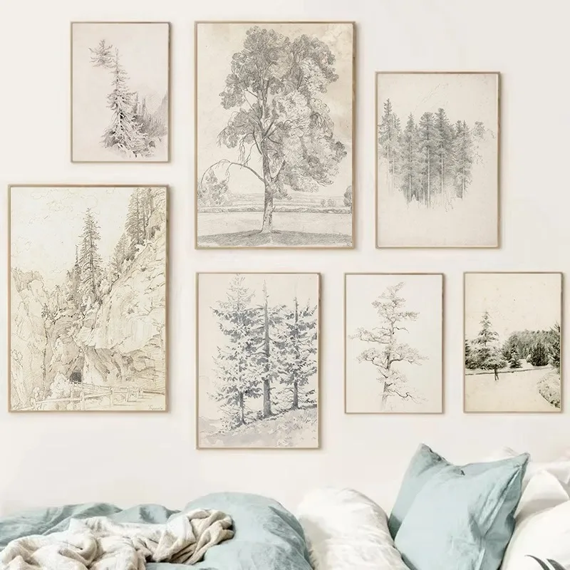 1pc Frameless Antique Japanese Tree Forest Sketch Rustic Botanical Drawing Poster,Canvas Painting,Wall Art Pictures Home Interio