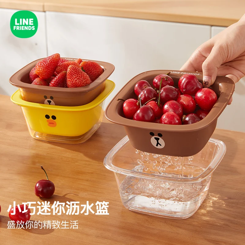 LINE FRIENDS Brown Double Layered Mini Drain Basket Sally Anime Kawaii Wash Fruits Vegetables Home Living Room Small Fruit Plate