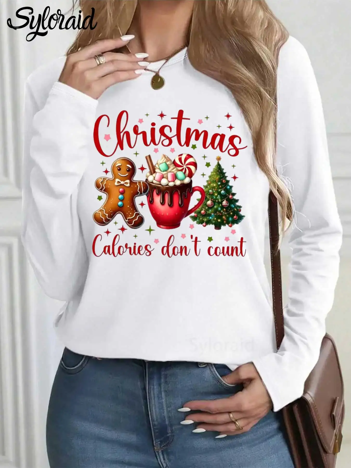 

Women's Long Sleeve T Shirt Christmas Tree Coffee Gin-ger-bread Print T Shirt Fashion Round Neck Casual Top