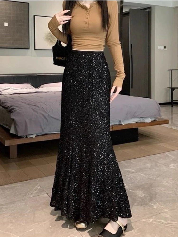 Fishtail Skirts Women Sequined High Waist Unique Elegant Hip-covering Trendy Attractive Delicate Fashion Spring Summer Ulzzang