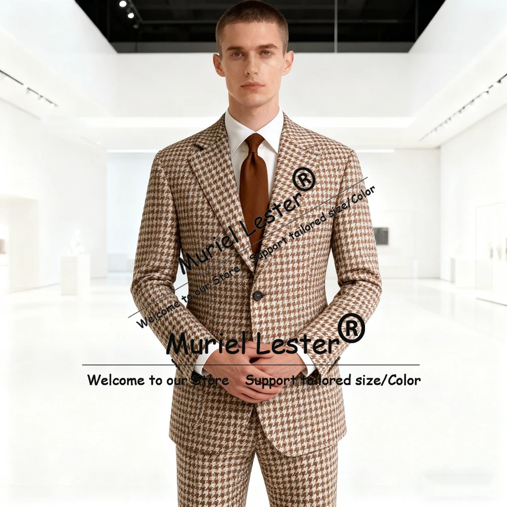 الكلاسيكية رمادي houndstooth البدلة الملابس للرجال 2 قطعة مجموعات تويد الصوف مزيج الأعمال الحلل مخصص العريس الزفاف البدلات الرسمية #2