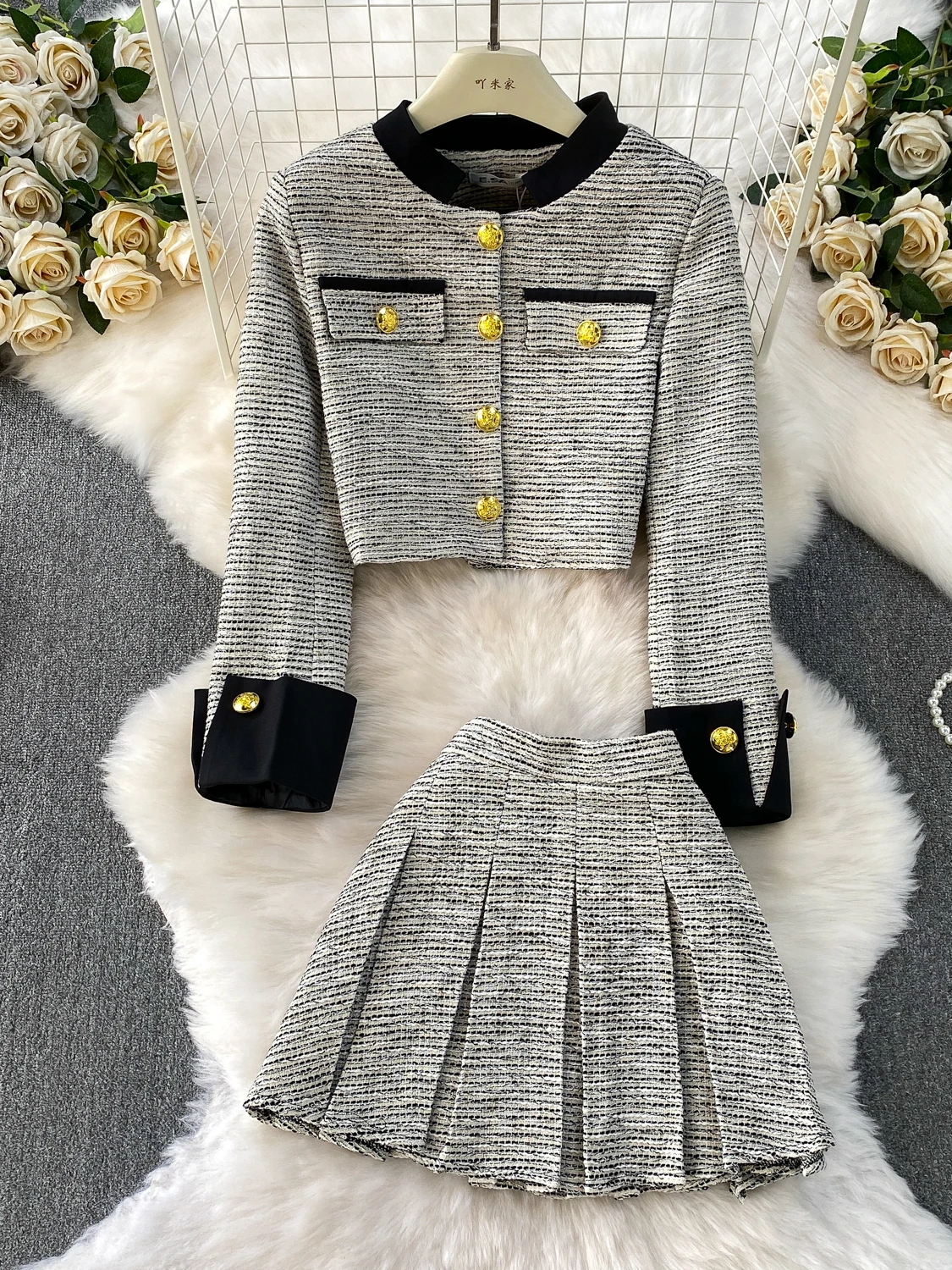 

Металлический синий воротник-стойка в стиле пэчворк, твидовый тюдовый комплект с высокой талией, утягивающая плиссированная юбка для молодых женщин