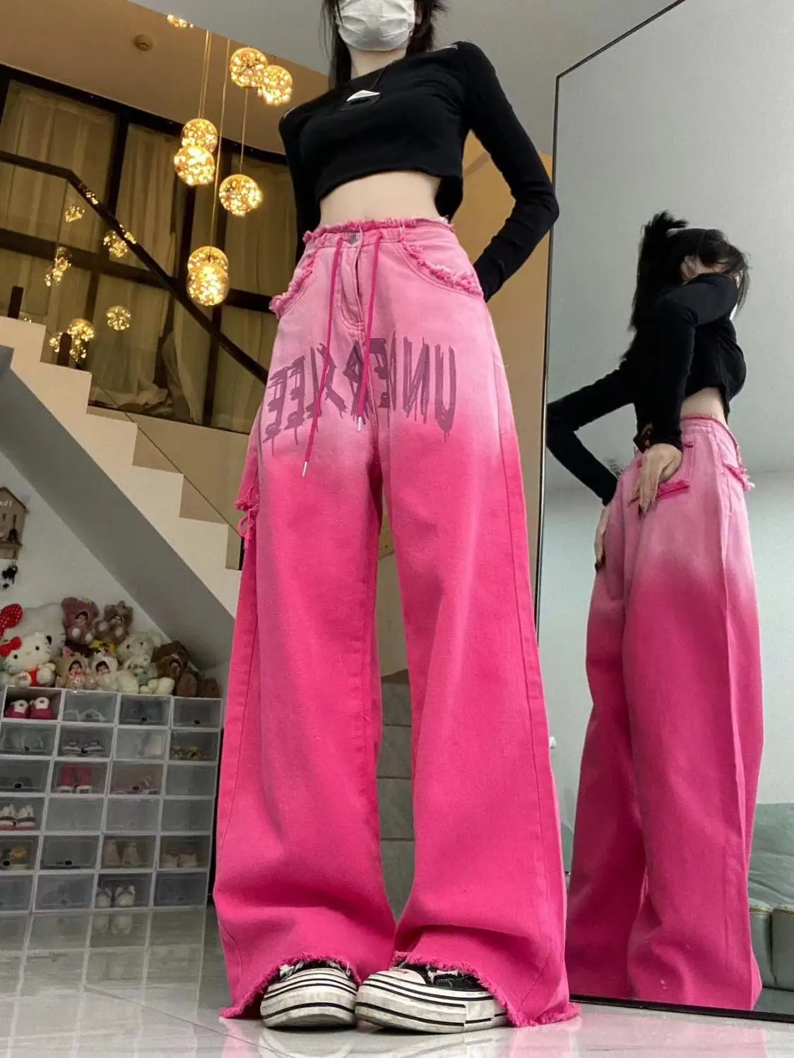 Gradient Pink Jeans Jeans For Women High Street Letter Loose Drawstring Jeans New Fashion High Waisted Wide Leg Pants
