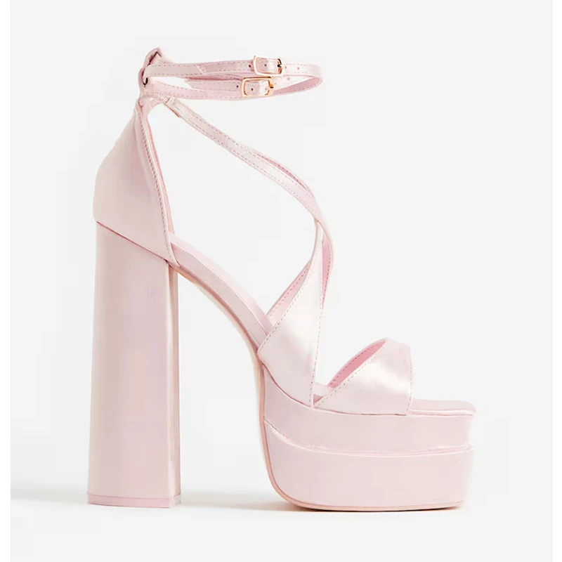 

Satin Square Toe Double Platform Thick Heel Sandals Woman Summer 2025 Open Toe Thick Bottom High Heel Shoes Fashion Pink Purple