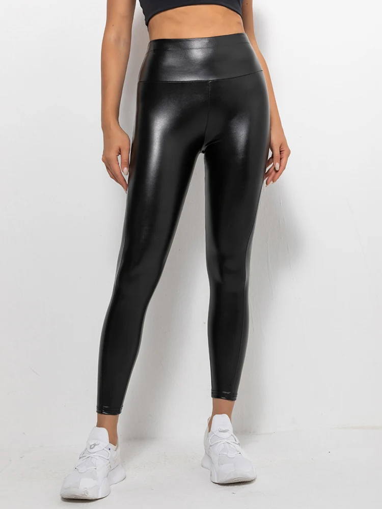 Women PU Leather Yoga Pants Solid Black Sports Pants Hips Push Up Gym Leggings Pencil Pants High Waist Leggings New Casual Pants
