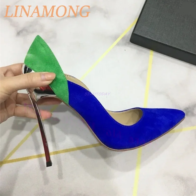 

Metal and Suede Splicing Pump Fashionable Multi-Color Splicing Design Pointed Temperament Wine Glass Heel Slim High-Heeled Shoes