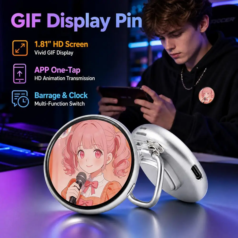 Smart Dynamic Electronic Badges Digital LED Animes Pin With Touch Control For Uploading Photos & GIFs & Videos DIY Gift For Fan