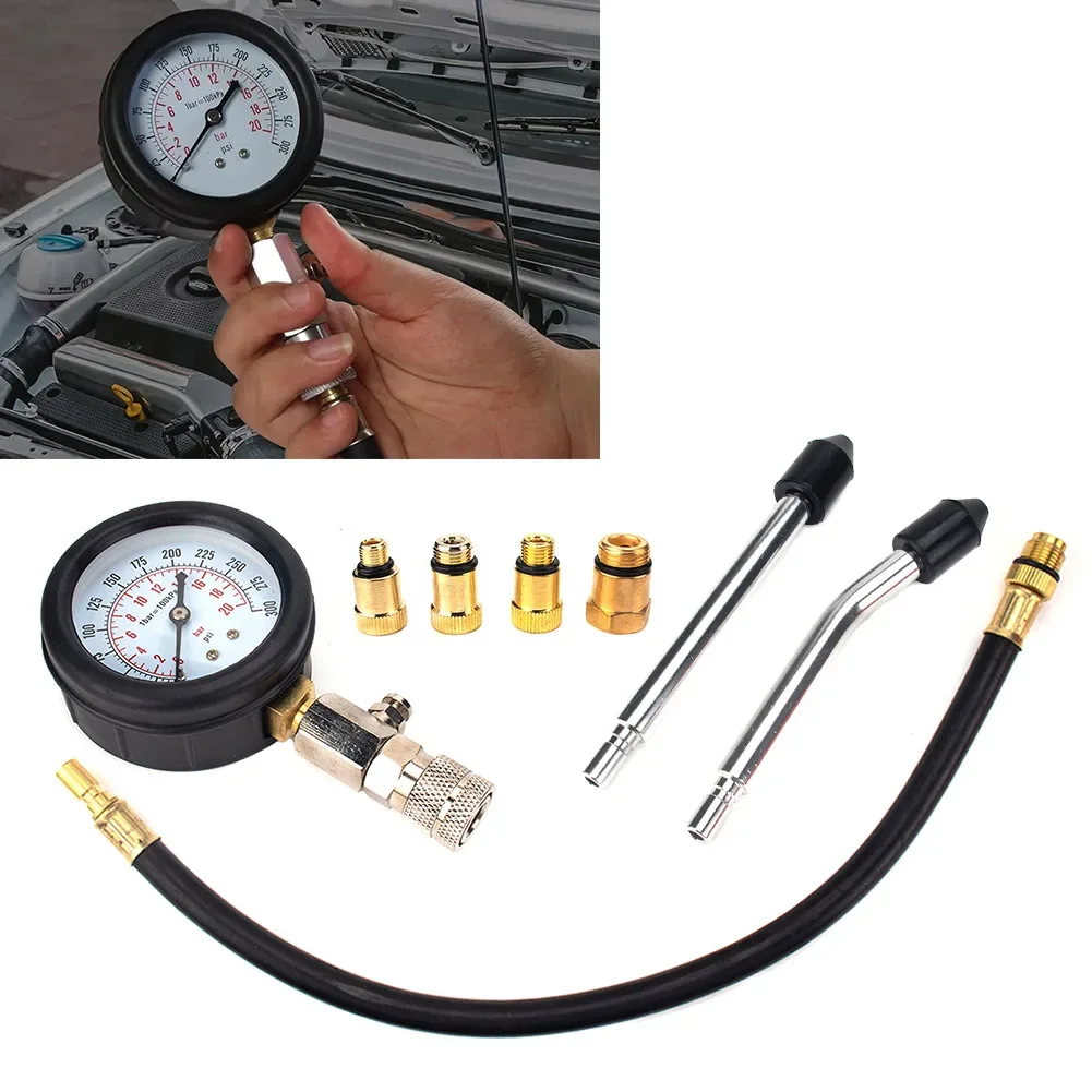 1 Automotive Tool Gauge Rubber + Brass + Iron Silver + Black Set Car Engine Compression Gauges Petrol Engine Cylinder