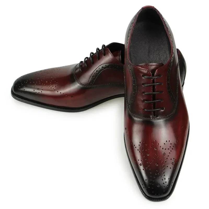 Luxury Dress Genuine Leather Shoes Mens Business Office Work Brogues High Quality Comfortable Formal Wedding Shoe Black&Wine Red