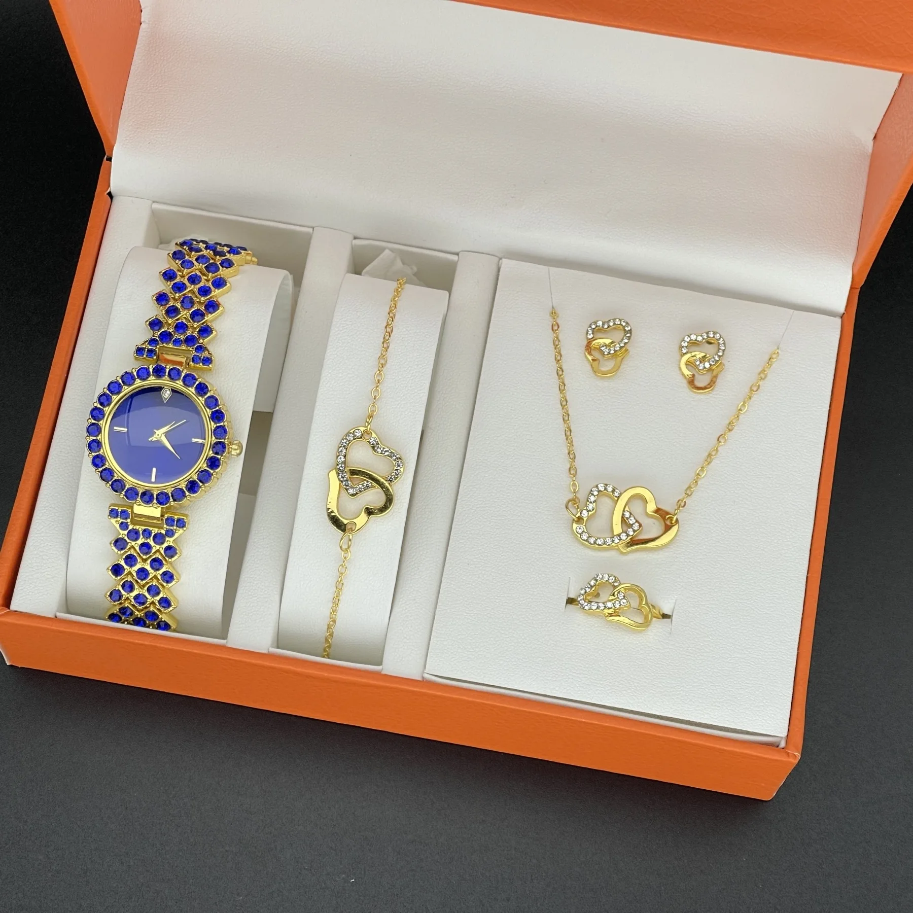 6 قطعة/المجموعة ساعة نسائية موضة كامل الماس الصلب حزام مؤشر كوارتز ساعة قلادة سوار أقراط طقم مجوهرات (بدون صندوق) #3