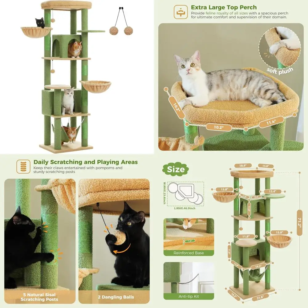 

Large Cats Multi-Level Cat Tower with 2 Condos, Large Top Perch, 3 Hammocks, 71.2 Inches Tall Cactus-Themed Cat Tree