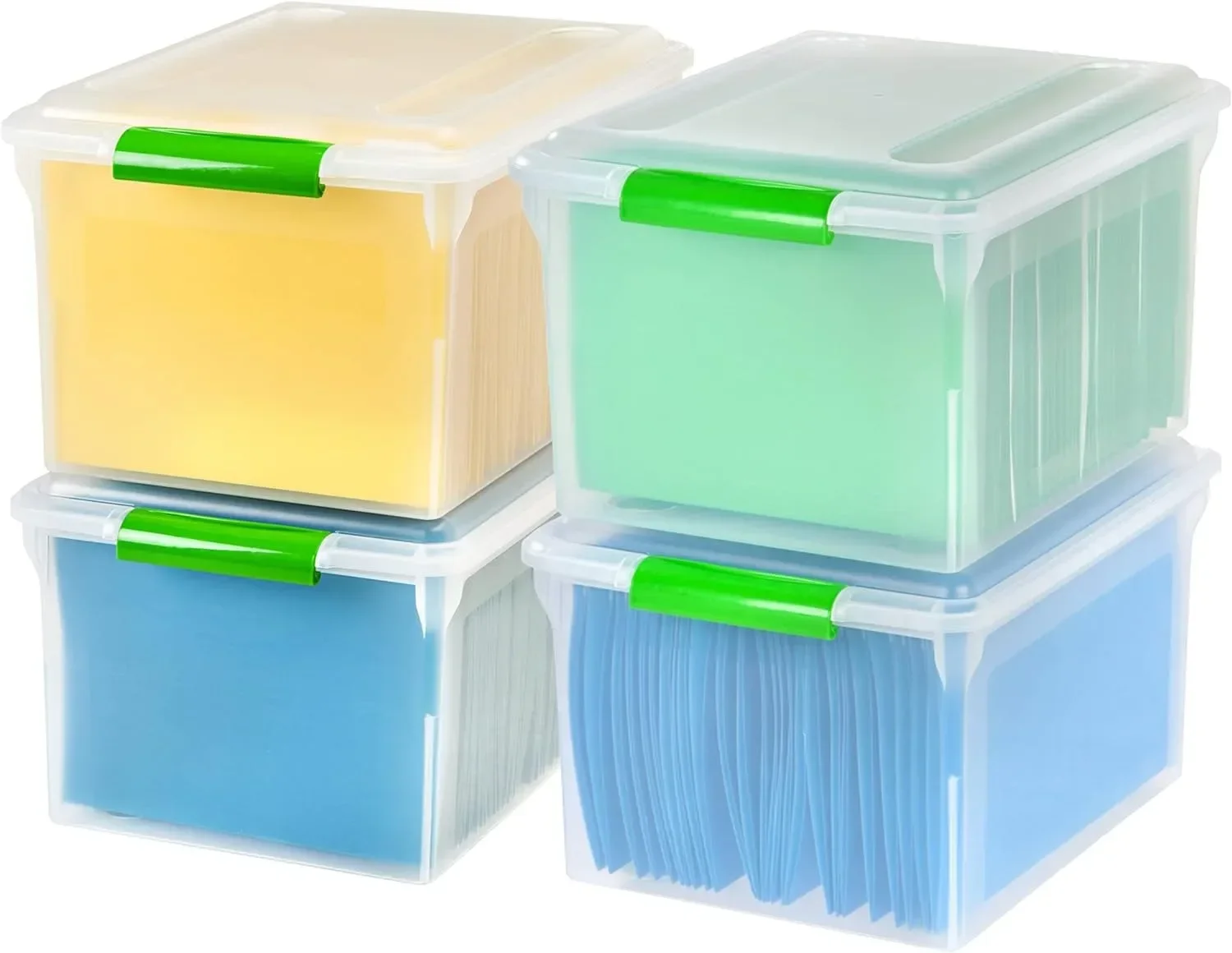 

4 Pack, PlasticStorage Bin Tote Organizer with Durable and Secure Latching Lid, Stackable and Nestable, Clear with Green Buckles