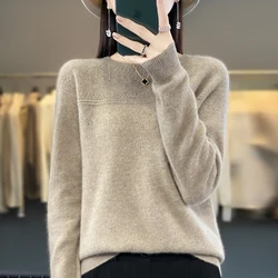 Autumn and winter new 100% pure merino sweater women's O-neck pullover hollow long sleeve Korean fashion knitted pullover top