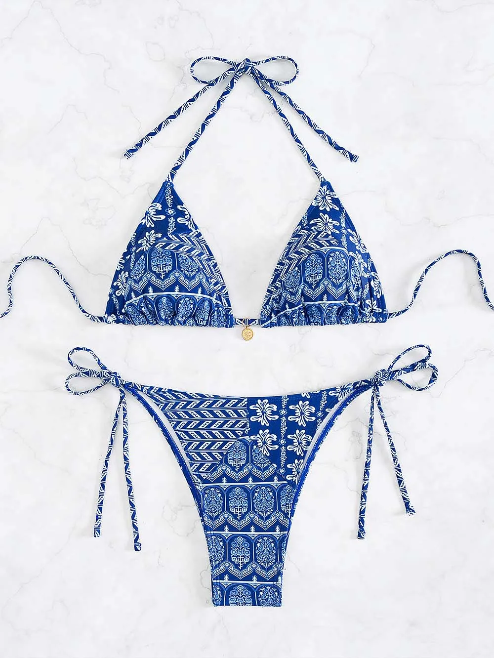 Set Bikini bunga Boho 2024, setelan baju renang wanita motif bunga biru, setelan mandi gaya Bohemian, tali leher Halter, Set pakaian renang wanita