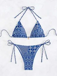 Bikini à fleurs style bohème pour femmes, maillot de bain, imprimé floral, bleu, bretelles licou, baigneuses, 2024