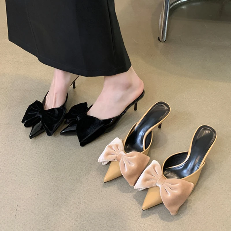 Liyke 2024 New Butterfly Knot Woman Pumps Slippers Sexy Pointed Toe Thin Heels Wedding Banquet Dress Mules Ladies Shoes Sandals