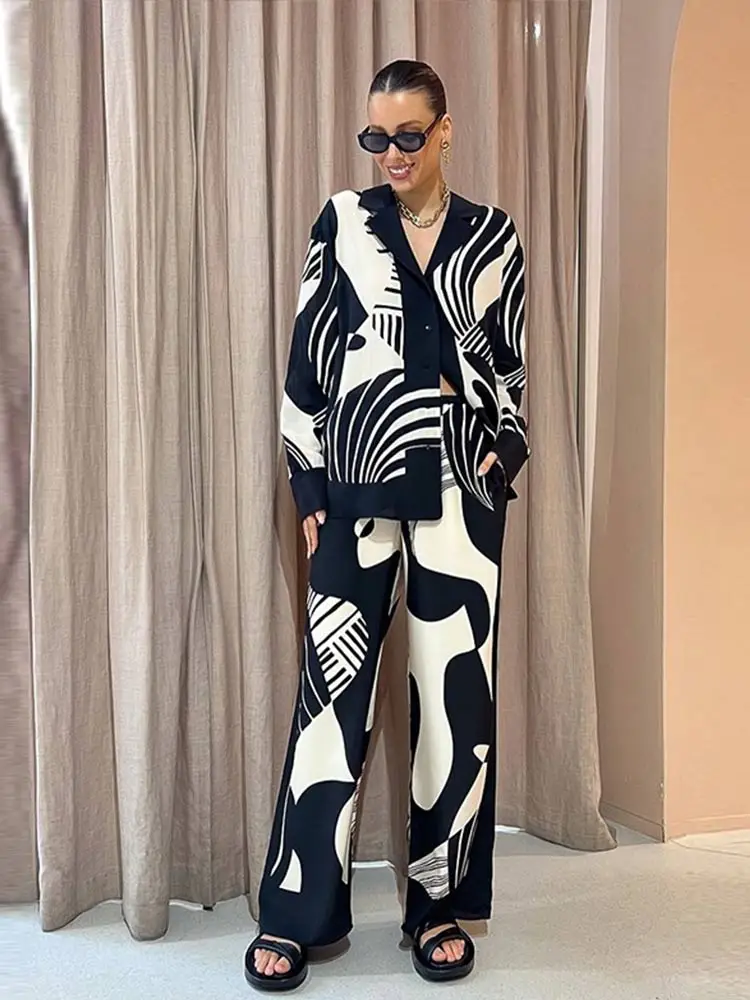 Women Digital Printed Two-piece Set Chic Lapel Long Sleeved Top Loose Straight Leg Pants Suit 2023 Fashion Lady High Streetwear