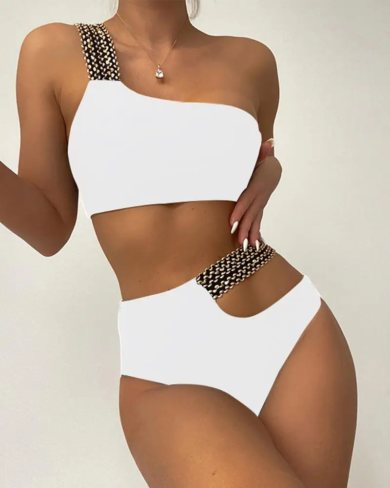 Sexy Single-oulder Two-Piece Swimsuit Bikini Set Faionable Polyester Ensemble for Young Women Aged 8-25 Summer 2023
